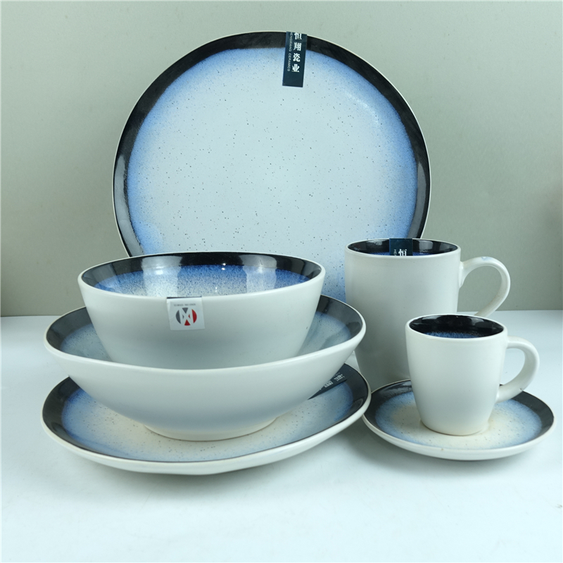 Reactive glaze white ceramic tableware dinner plates 16 pcs Chinese dinner set c