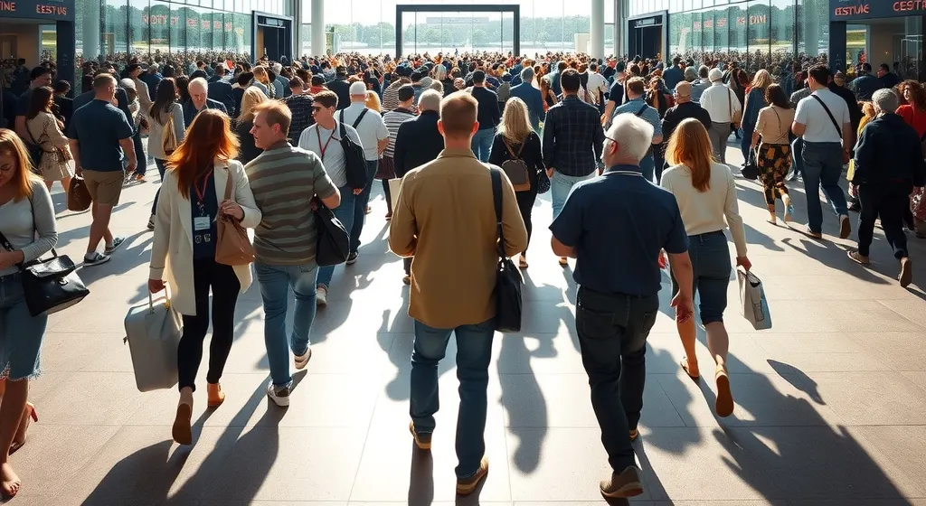 Visitors arriving at the entrance of a large exhibition complex in Guangzhou