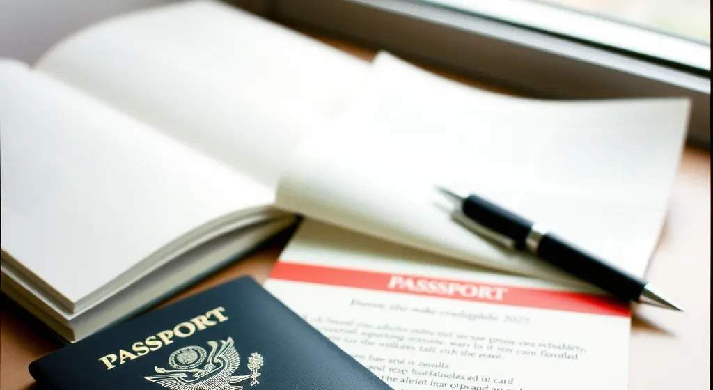 An open passport on a desk next to a folded itinerary