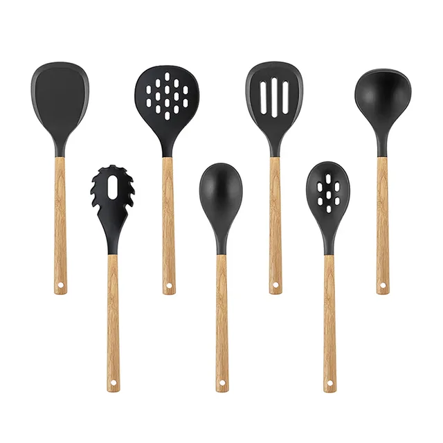 Silicone spatula, kitchen cooking wooden handle silicone spatula, soup spoon, household frying spatula, soup and rice spoon, cooking utensils