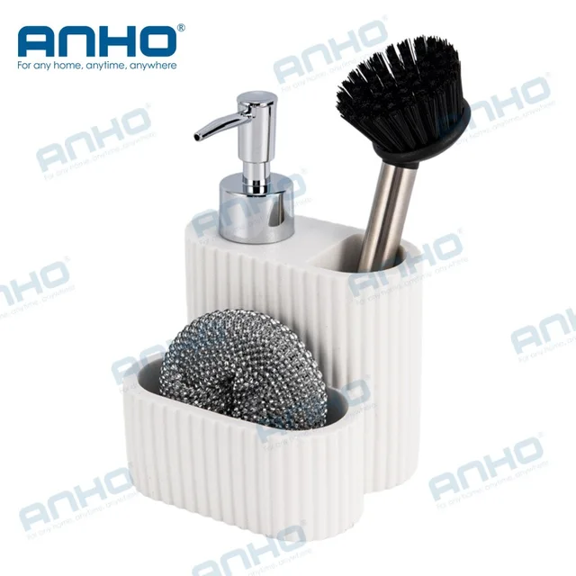 Polyresin kitchen press detergent soap dispenser with sponge holderand brush holder