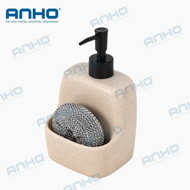 Polyresin kitchen press detergent soap dispenser with sponge holderand brush holder