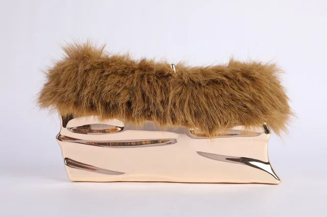 Gold Wave Metal and Faux-Fur Evening Clutch