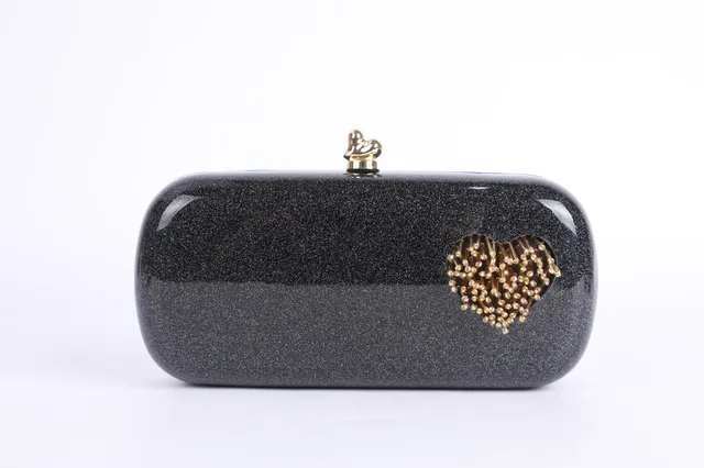 Black Glitter Acrylic Evening Clutch with Heart Ornament