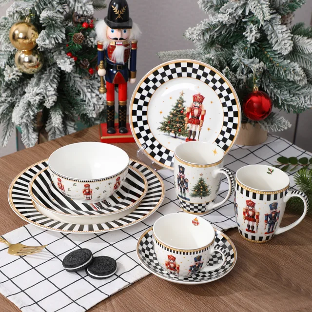 Nutcracker Christmas Ceramic Dinnerware Set, Black‑White Checkered Holiday Plates Bowls Mugs Gift Set