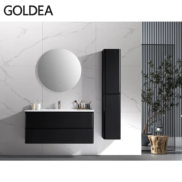 High quality black modern bathroom wall mounted vanity cabinet set