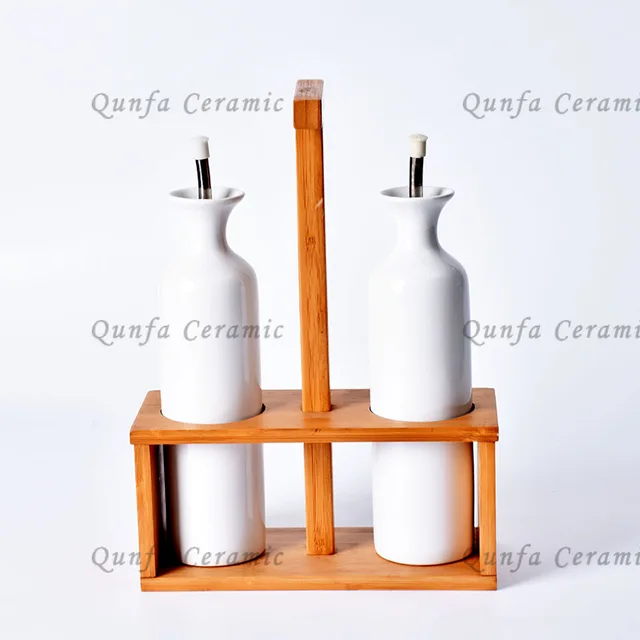Ceramic Vinegar and Oil Set with Bamboo Stand