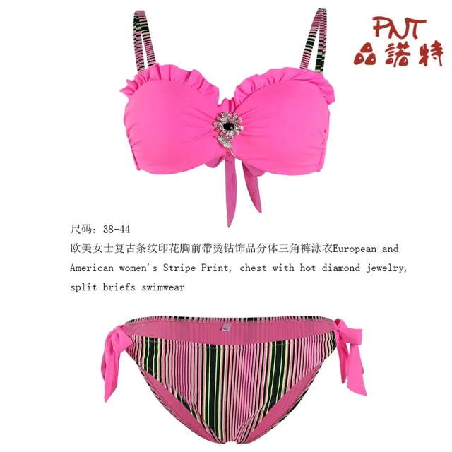 European and American women's Stripe Print, chest with hot diamond jewelry, split briefs swimwear