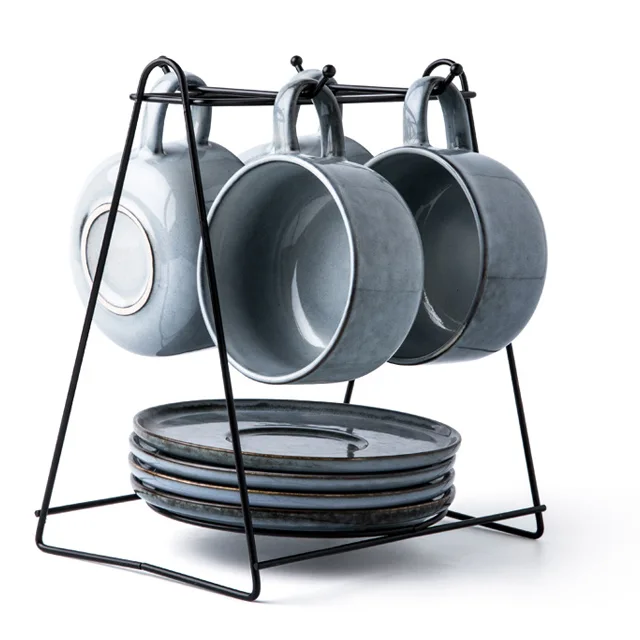 Europe Stylish Cutlery Rustic Grey Ceramic Coffee Tea Mugs Sets
