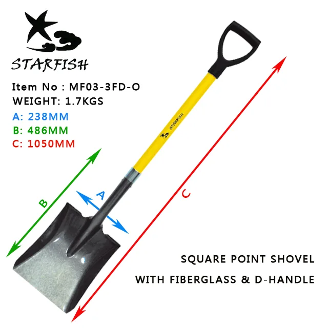Square shovel with fiberglass D handle