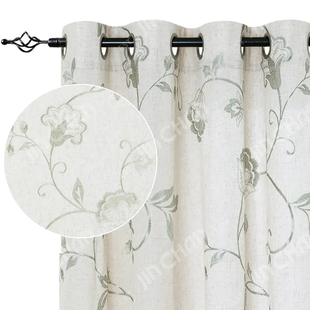 Linen Cotton Floral Embroidered Curtains