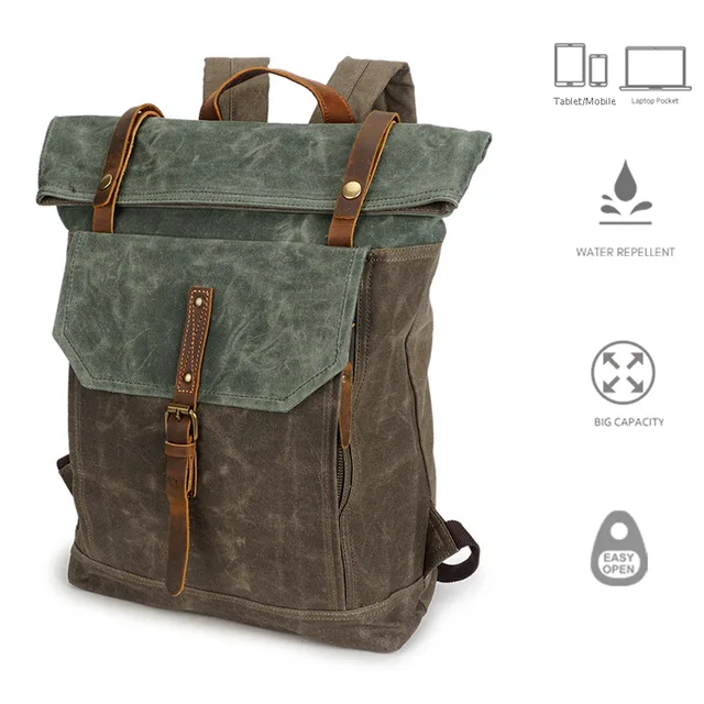 Water Repellent Wax Canvas Roll Top Laptop Backpack