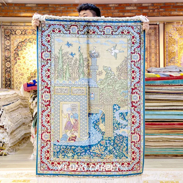 YILONG 2.7'x4' Handknotted Silk Tapestry Pictorial Scenery Unique Rug