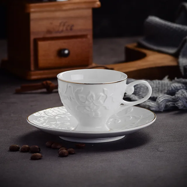 Emboss porcelain coffee cup and saucer