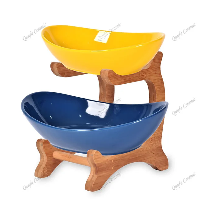 2 tier food serving chip dip salad ceramic bowl with stand