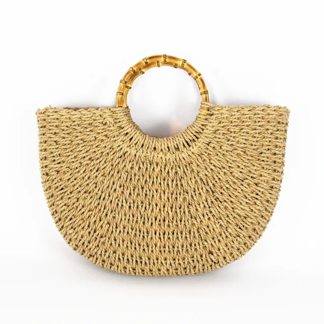 Round Bamboo handle Paper straw hand woven women handbag