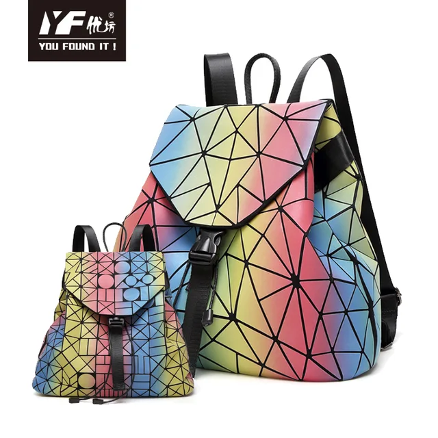 Custom logo PU leather fashion drawstring back pack rainbow color geometric zipper bag