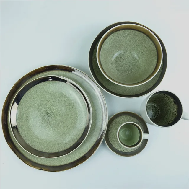 16 pcs reactive green glaze ceramic tableware dinner plates Chinese dinner set