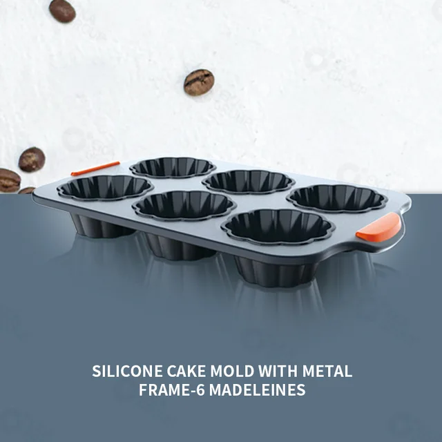 6 cup silicone muffin mold Baking Cake Pan Bakeware Cookie Mold with Grips Stainless Steel metal frame inside non stick food grade BPA free heat resistant