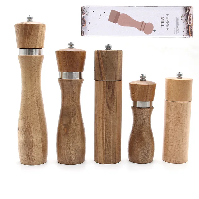 Factory customized manual rotating acacia ceramic black pepper grinder