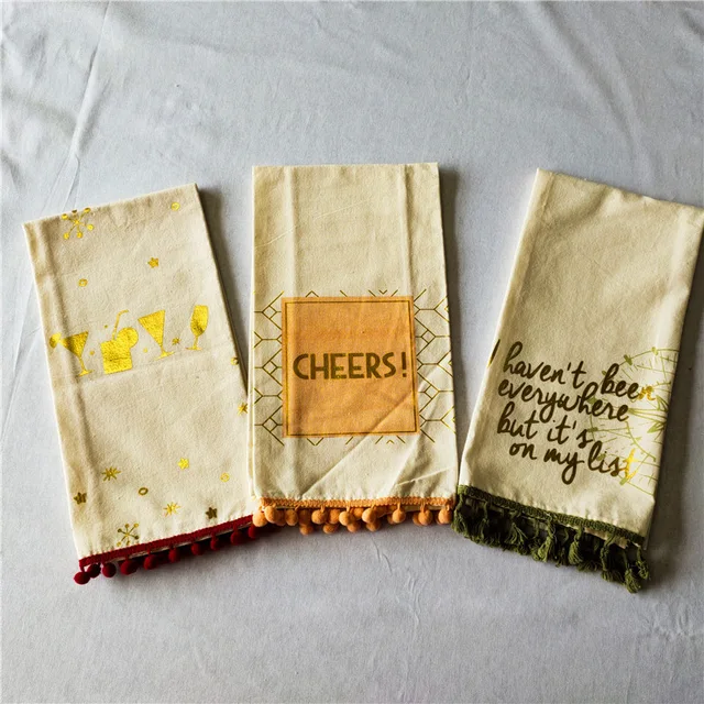 Gold foil printing kitchen tea towel with pompon