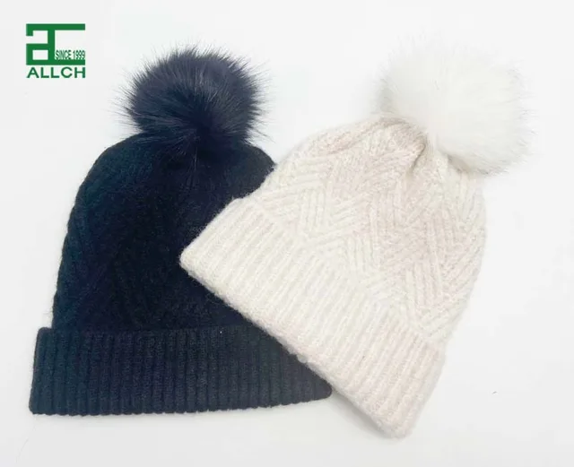 AL000601 ALLCH Ladies Knitted Beanie Hat With Fake Fur Pompom