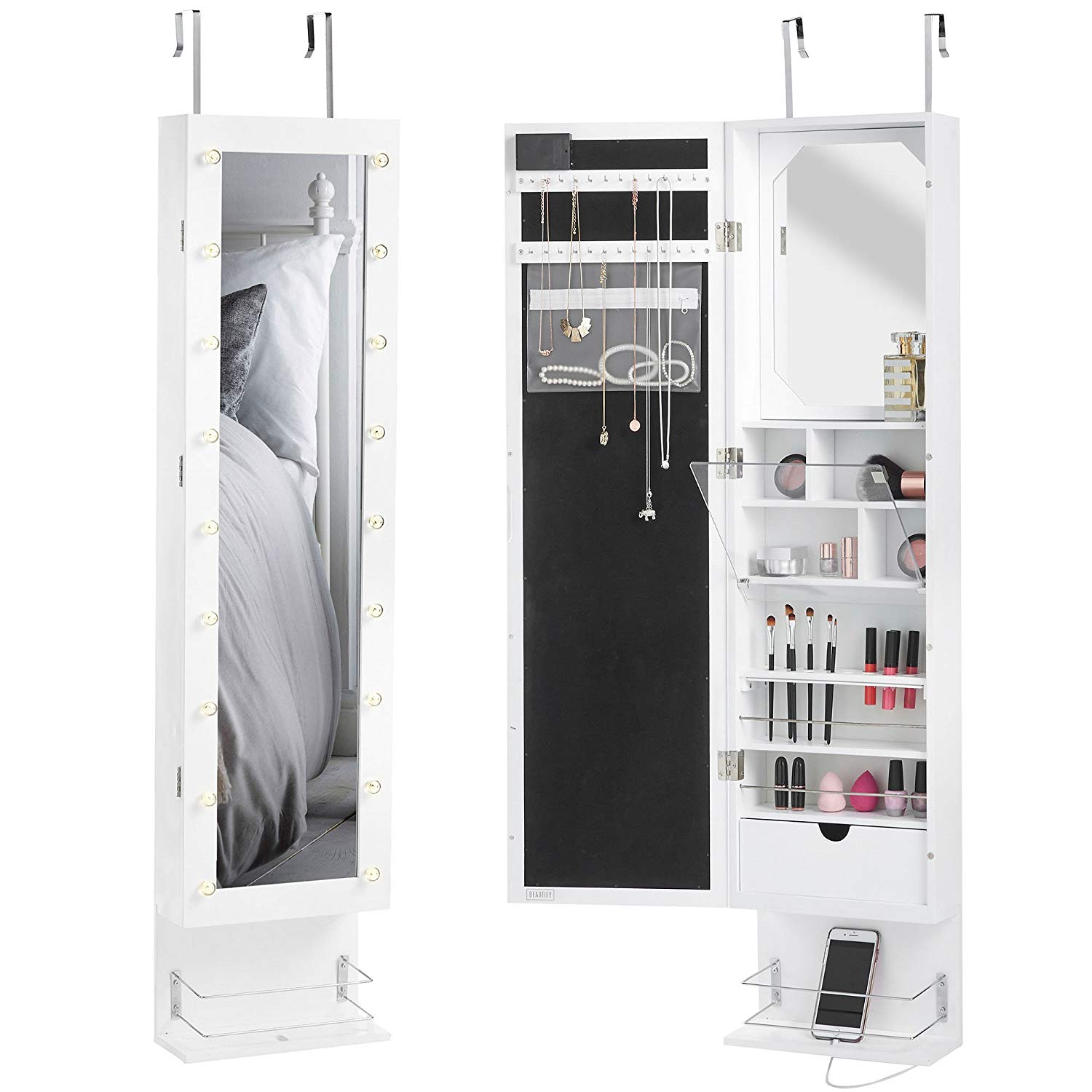 Full Mirror Hanging The Wall Storage Lockable White Jewelry Cabinet