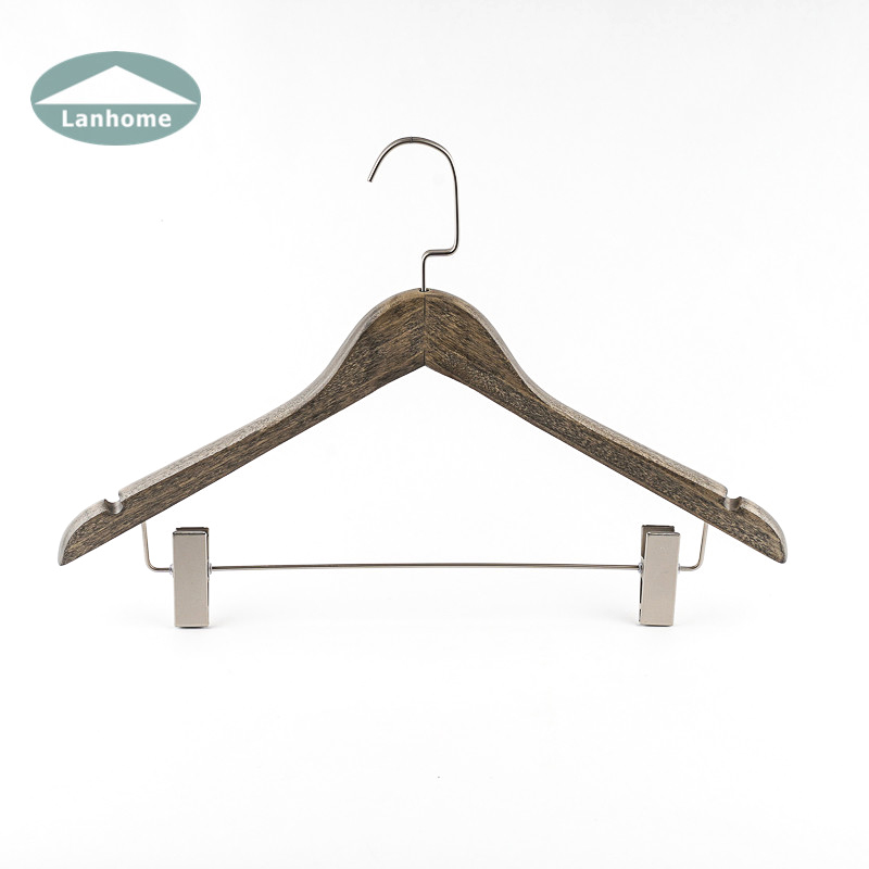002 Antique-grey Wooden clothes hangers with metal hook