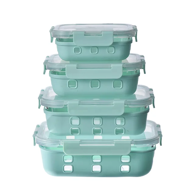 High borosilicate glass food container with silicone sleeve