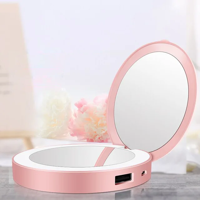 Round Shape Portable Double Sides LED Small Makeup Pocket Mirror With Power Bank