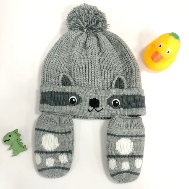 Ywhy-20070 Bby B Knitted Raccon Hat & Mitten Sets