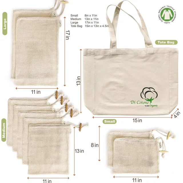 Grocery shopping drawstring reusable organic cotton mesh bag