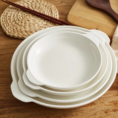 Two-handled ceramic plate deep soup plate hotel porcelain round plate