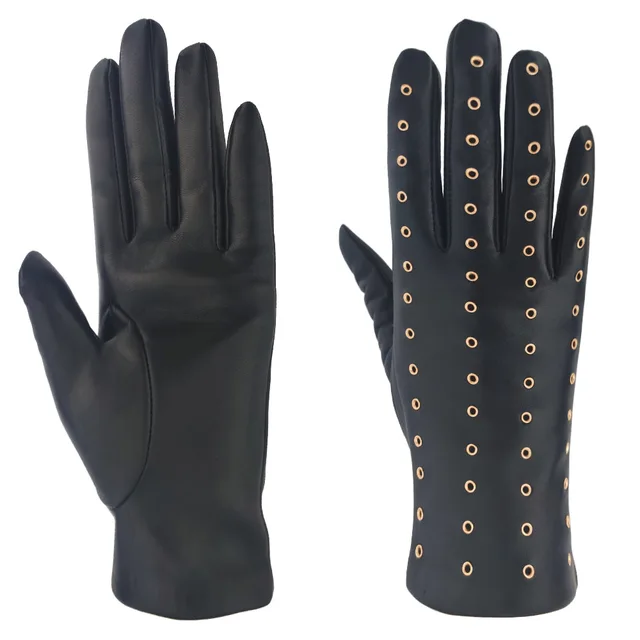 Wholesale Custom Fashion Rivet Perforation New Design Women Sheepskin Leather Gloves