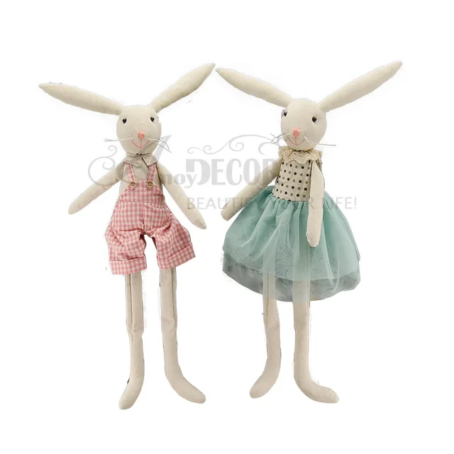 Fabric sitting boy and girl rabbit wiht ping and blue dress