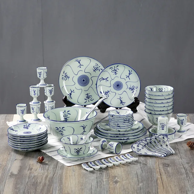 38/58/68pcs Blue and white sunflower bucket tableware -bowl-kuidou