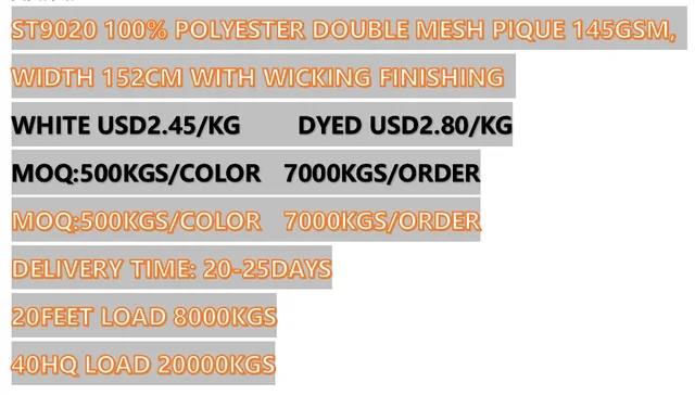 St9020 100% Polyester Double Mesh Pique 145gsm, Width 152cm With Wicking Finishing