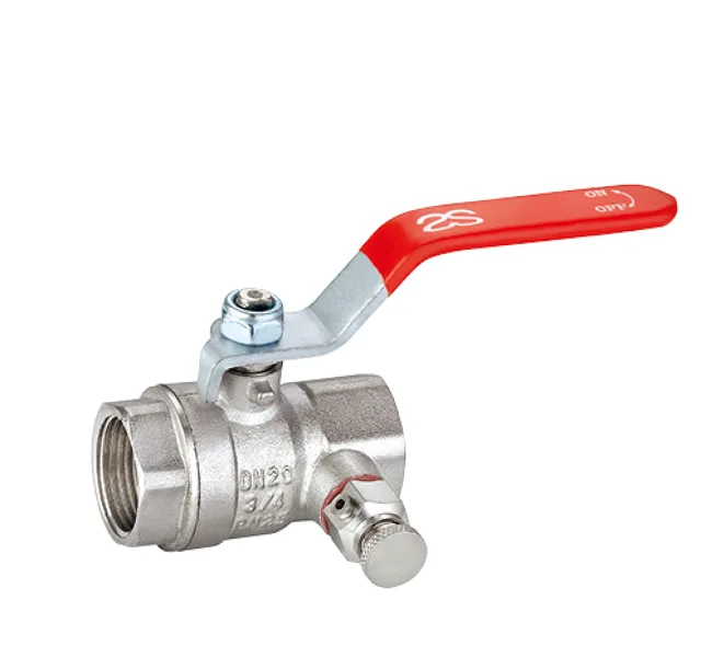 Brass ball valve with drain-off cock, steel handle and FF thread