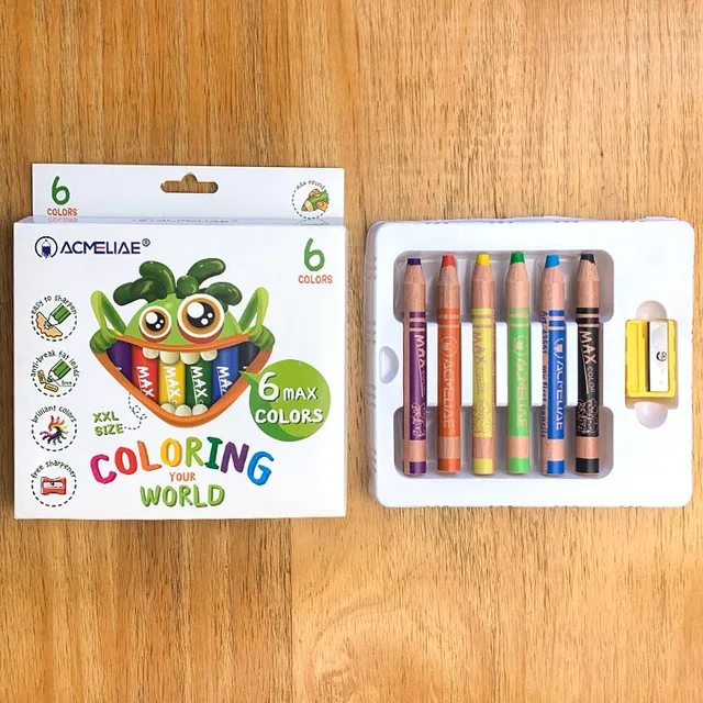 Crayons/ 6 Colors Max Size 3 in 1 Wood Crayon W/Sharpener