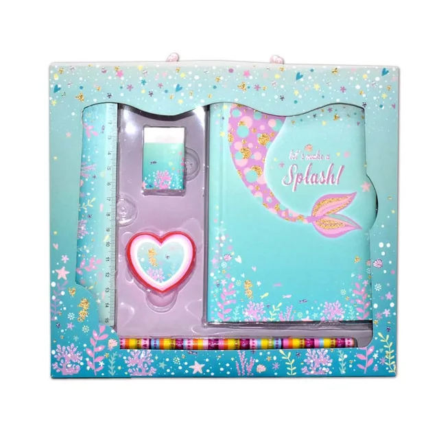 Fancy stationery set with one lock diary, one ruler, one eraser, one shaprpener and 2 pencils