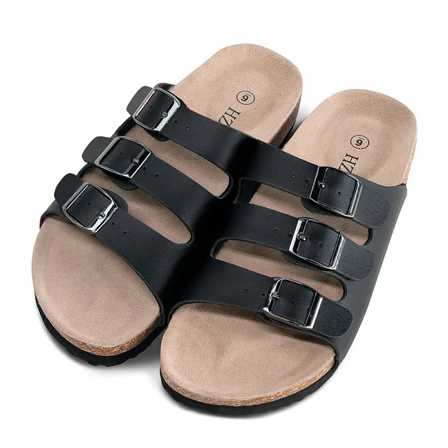 Women’s Men's 3-Strap Adjustable Buckle Flat Sandals Slide Cork Footbed Shoes