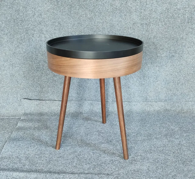Fashion round bedside nightstand end table coffee table with tray in walnut color
