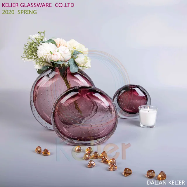 Handmade purple bubble small mouth glass flat bottle