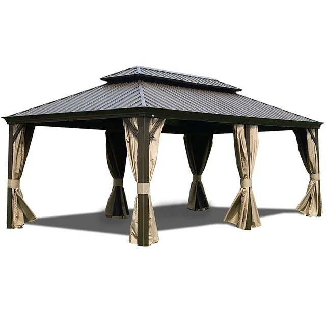 1 Outdoor leisure furniture Outdoor Aluminum Double Roof Hardtop Gazebo 4-Season Outdoor Sun Shelter with Mosquito Net and Removable Curtains 12x20Ft