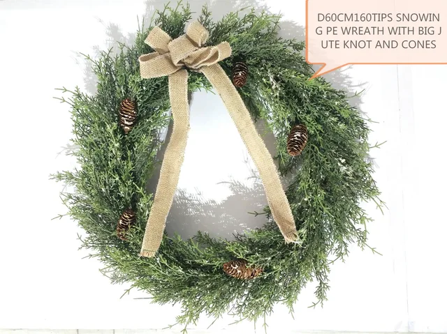 D60cm-160tips Snowing Pe Wreath With Big Jute Knot And Cones