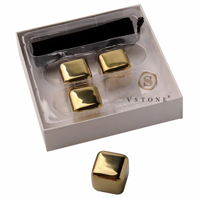 Set of 4 square plated gold stainless steel whiskey cube with velvet bag +PVC holder