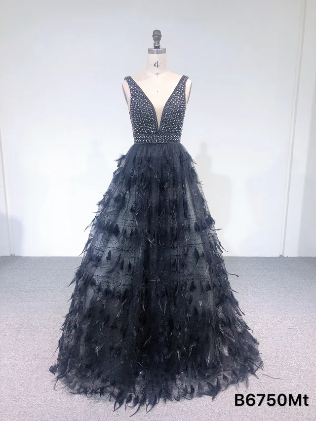 Black mesh feather long dress