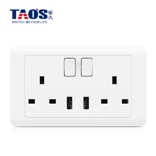 13A 2 gang switched socket, DP + 2*USB (2.1A) (switch control USB)