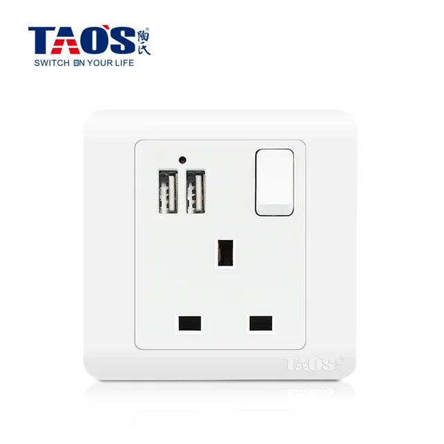 13A 1 gang switched socket, DP + 2*USB (2.1A shared) +neon (switch control USB)
