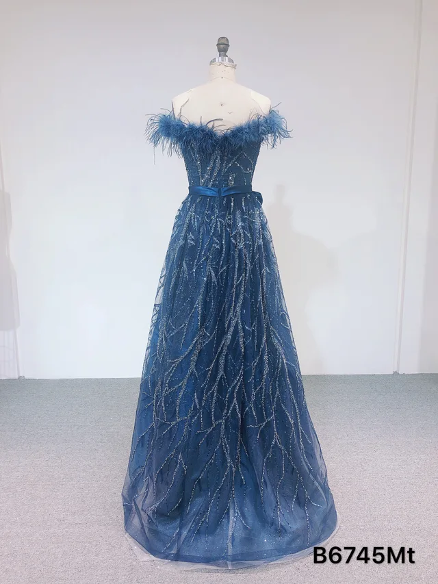 Blue feather long dress